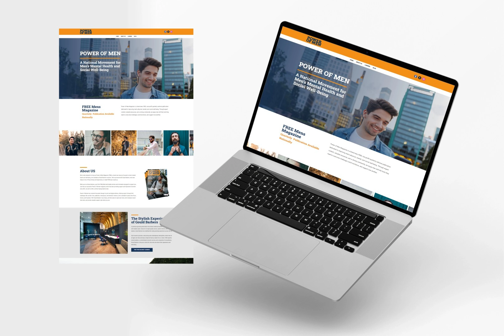 A website for Power of Men featuring a man smiling against a city background, with sections for a free magazine, an about us area, and barbershop features.