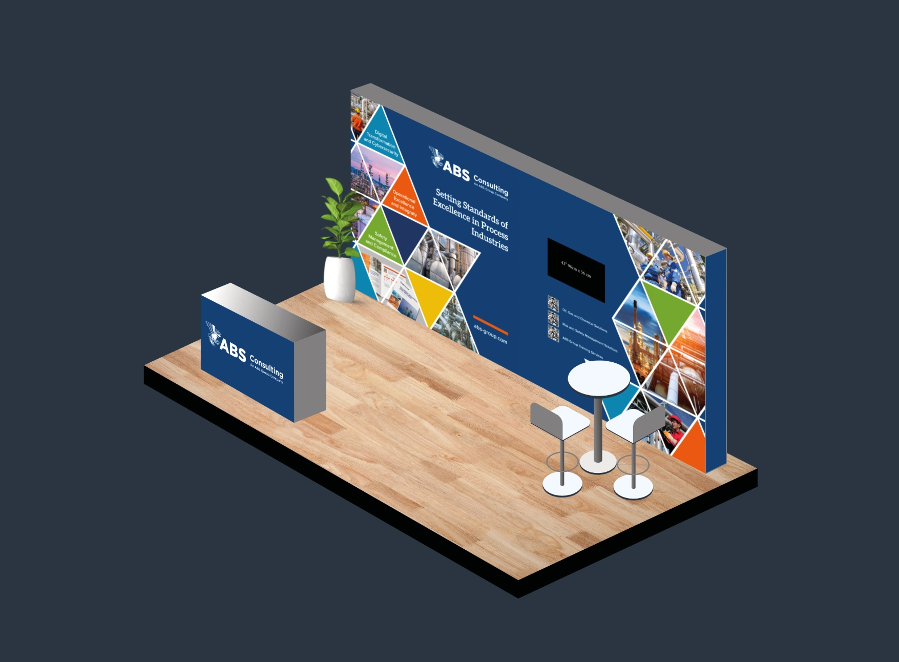 abs expo floor space design with light boxes, podium and tables