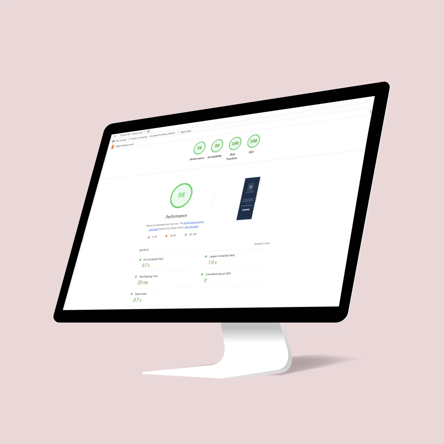 A 3D render of a computer monitor displaying Google Lighthouse performance metrics for a website, showing high scores in performance, accessibility, best practices, and SEO.