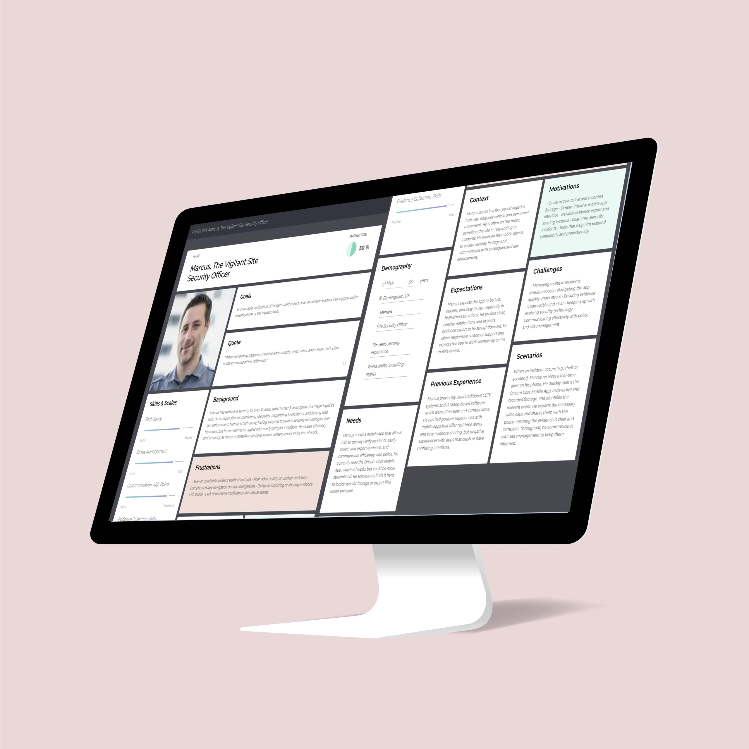 Desk top mock up displaying a persona for male security worker